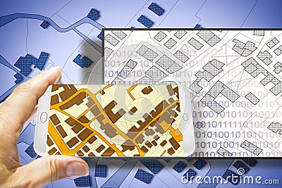 Computerized land registries - concept with an imaginary cadastral map of territory, binary code and hand holding a smartphone Stock Photo