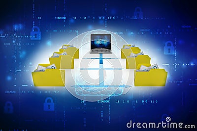 Computers with file, folder or documents transferring. 3d render Stock Photo