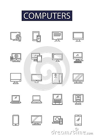 Computers line vector icons and signs. Software, Networking, CPU, Monitor, Keyboard, Mouse, Printer, Storage outline Vector Illustration