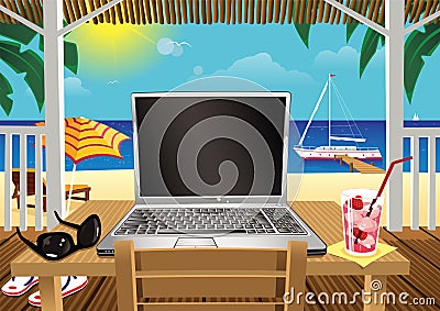 Computing in holiday beach hut Vector Illustration