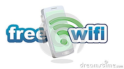Free wifi. clean wifi symbol and text in front of smartphone 3D - three dimensional for wifi connection concept vector illustratio Vector Illustration