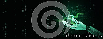 Computing power technology and performance concept. Super powerful CPU or microchip in the hand of a robot or AI, artificial Stock Photo