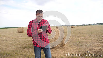 Conceito de cultivo esperto da agricultura Estilo de vida do fazendeiro do homem que estuda um monte de feno em um campo na tabul filme Conceito de cultivo esperto da agricultura Estilo de vida do fazendeiro do homem que estuda um monte de feno em um campo na tabul filme
