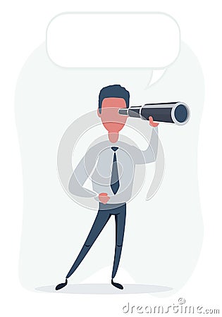 Concentrated businessman looking through the spyglass. Business vision and perspective planning concept. With Speech Vector Illustration