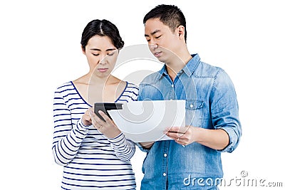 Concentrated couple discussing Stock Photo