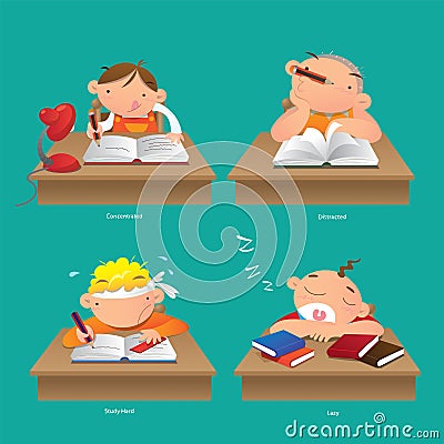 Concentrated, Distracted, Study hard and Lazy Vector Illustration