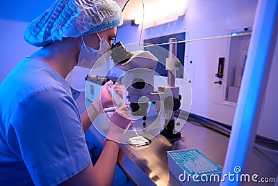 Concentrated embryologist preparing specimen for microscopic examination Stock Photo