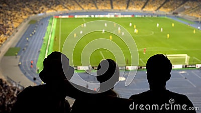 Concentrated fans looking at football pitch, dangerous moment, cheering team Stock Photo