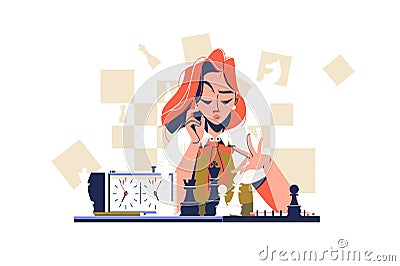 Concentrated girl play chess alone Vector Illustration