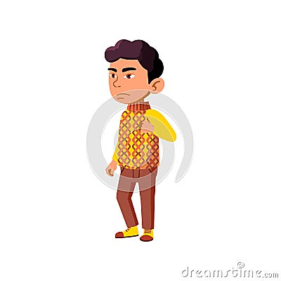 concentrated little chinese boy walking on town road cartoon vector Vector Illustration