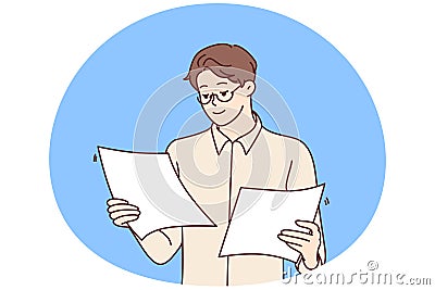 Concentrated man office worker holding two sheets of paper in hands reading report. Vector image Vector Illustration