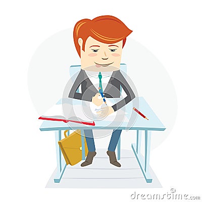 Concentrated school student writing at the desk on his lessons i Vector Illustration