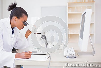 Concentrated scientist looking in microscope Stock Photo