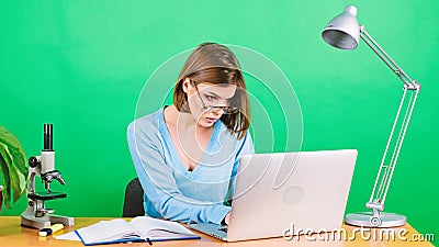 Concentrated secretary at workplace. digital science. businesswoman. data and information. Business woman. chemist Stock Photo