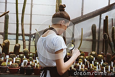 Concentrated young woman standing in greenhouse near plants Stock Photo