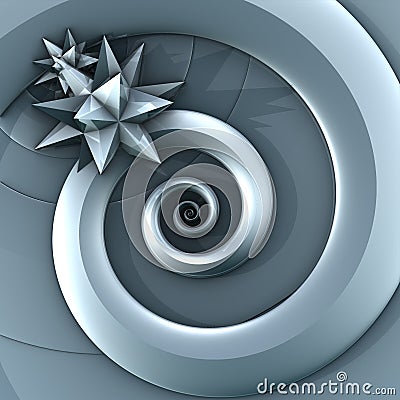 Concentric metallic grey spiral with the stars on the grey background. 3d illustration, 3d rendering Cartoon Illustration