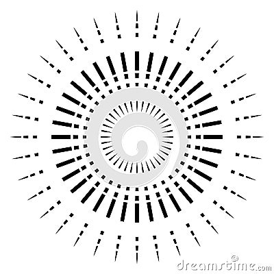 Concentric, radial dashed lines. Abstract geometric burst, flare element Vector Illustration