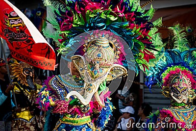 Closeup man in colorful elephant costume passes by city street at dominican carnival Editorial Stock Photo