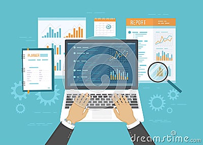 Concept of accounting, analysis, audit, financial report. Auditing tax process. Business background. Hands with laptop, documents. Vector Illustration
