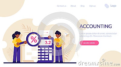 Concept of accounting and auditing service for business, budget planning, revenue calculation. People look through the Vector Illustration