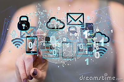 Concept of actionable analytics connecting people on the internet- floating icons of wifi, cloud Stock Photo