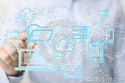 Concept of actionable analytics connecting people on the internet - floating icons of wifi, cloud Stock Photo