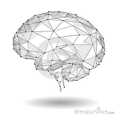 Concept of Active Human Brain with Binary Code Stream. Human Brain Covered with fall of Binary Numbers. Technology Low Poly Design Stock Photo