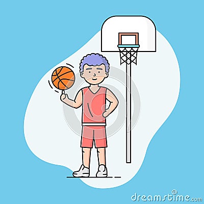 Concept Of Active Sport And Healthy Lifestyle. Young Cheerful Boy Plays Basketball At School Or University. Basketball Vector Illustration