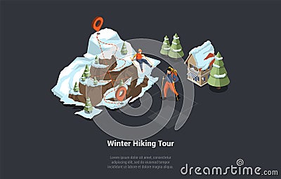 Concept Of Adventures, Hiking, Winter Exploring And Vacations. Group Of Tourists With Equipment Is Walking Through Vector Illustration