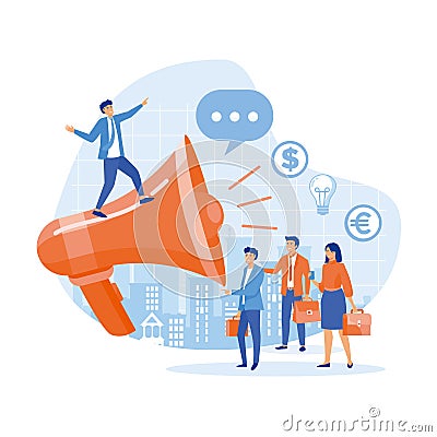 Concept of advertisement, marketing, promotion. Loudspeaker talking to the crowd. Vector Illustration