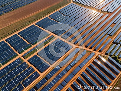 Aerial View Futuristic Solar Farm for Clean Energy.AI Generated Stock Photo
