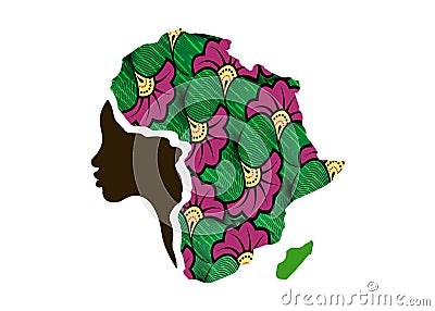 Concept of African woman, face profile silhouette with turban in the shape of a map of Africa. Colorful Afro print fabric, tribal Vector Illustration