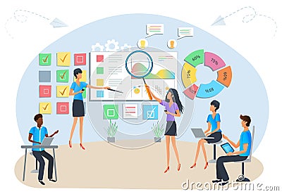 Concept of agile project management, software development process. Business teamwork. Team brainstorming. Tasks planning Vector Illustration