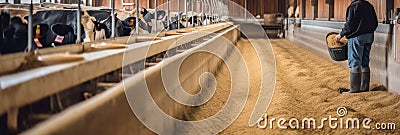 a herd of cows using hay in barns on a dairy farm Stock Photo