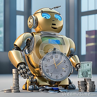 A conceptual image depicting a robot counting money, AI saves time and money, generated by AI. Stock Photo