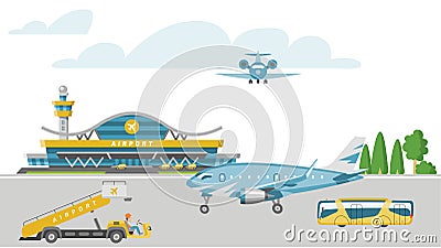 Concept airport banner, airstrip with passenger aircraft, service airfield vehicle cartoon vector illustration. Plane Vector Illustration