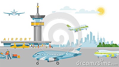 Concept airport banner, work airstrip airfield and terminal flat vector illustration. Take off, landing passenger plane Vector Illustration