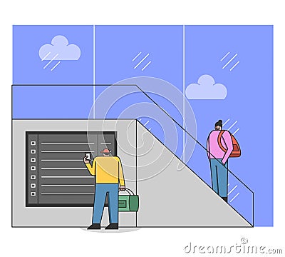 Concept Of Airport Terminal. Man With Suitcase Is Looking At The Information Screen And Reading The Timetable Of Arrival Vector Illustration