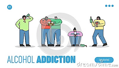Concept Of Alcoholism, Drink Alcohol. Website Landing Page. Group Of Drunk People Drinking Beer, Wine, Communicating Vector Illustration