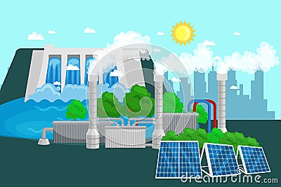 Concept of alternative energy green power, environment save, renewable turbine energy, wind and solar ecology Vector Illustration
