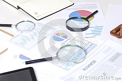 Concept of and analyzing and searching business information for making right dicission. Working process at the bank office Stock Photo