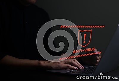 Concept of antivirus alert and firewall hacker protection safety. Businessman or personnel, programmer, or developer is using a Stock Photo