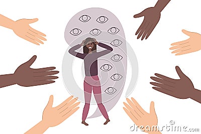 The concept of anxiety disorders. A depressed African woman in fear. Many hands of different nationalities offer help in Vector Illustration