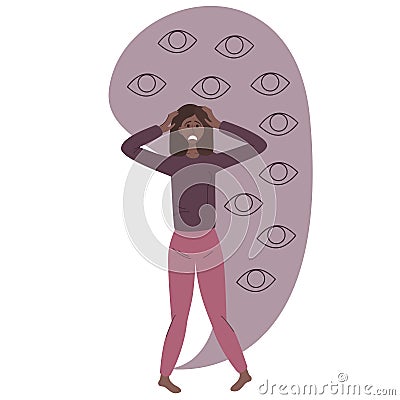 The concept of anxiety disorders. A depressed African woman in fear and stress due to mental problems. The eyes watch Vector Illustration