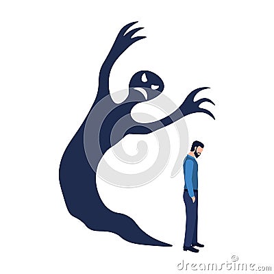 Concept of anxiety disorders, mental illness, stress and depression. A man with inner fear stands with his head down and a shadow Vector Illustration