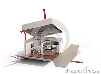 Concept apartment as a gift Kitchen interior in an open box 3d r Stock Photo