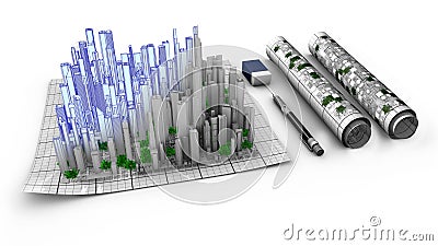 Concept of architectural design of a city emerging from the map Stock Photo