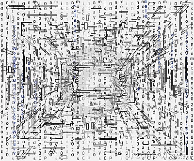 Concept of array data. Abstract Black and white digital background with cybernetic particles and letters Vector Illustration