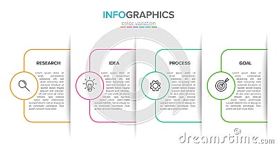 Concept of arrow business model with 4 successive steps. Four colorful rectangular elements. Timeline design for Vector Illustration