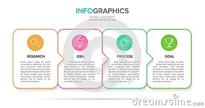 Concept of arrow business model with 4 successive steps. Four colorful rectangular elements. Timeline design for Vector Illustration